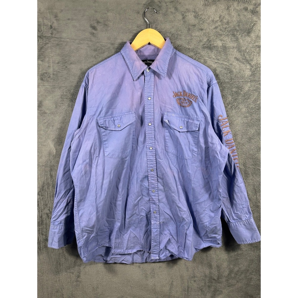Jack Daniels Mens XL Blue Pearl Snap Western Long Sleeve Embroidered Logo Shirt